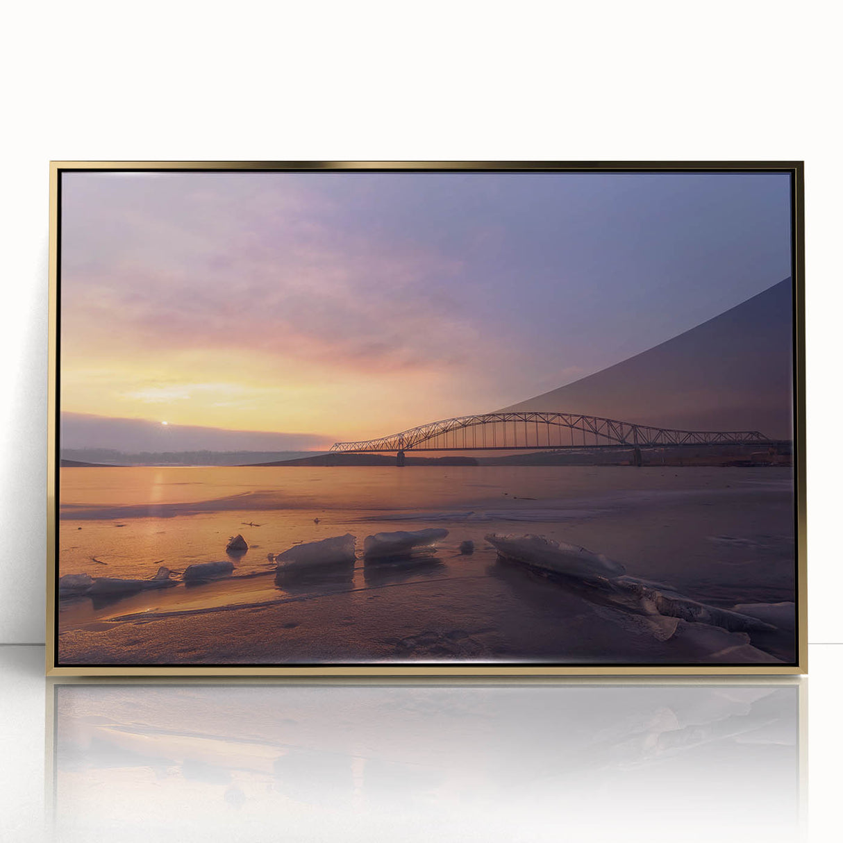 Framed acrylic print of a mid-century modernist Mississippi scenery, featuring muted earth tones, ideal for nursery wall art.