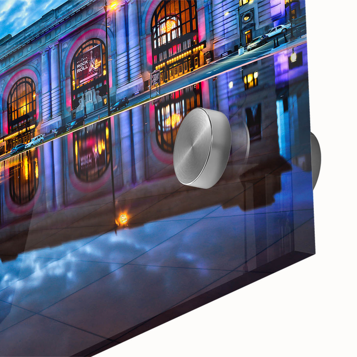Large abstract wall art of Kansas City skyline in vibrant hues on acrylic glass, suitable for dining room ambiance.