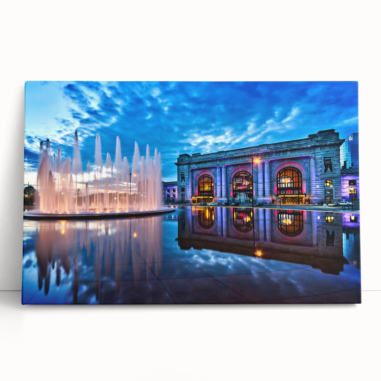 Black and white stretched canvas of Kansas City skyline, ideal for kitchen wall art or bedroom decor.
