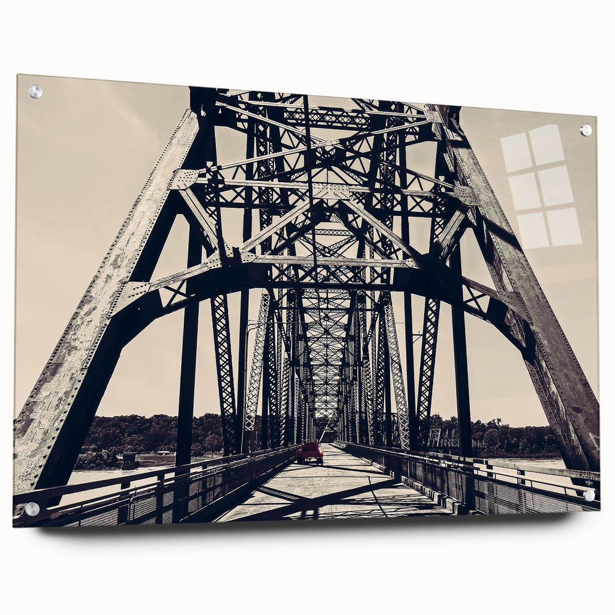 Acrylic print of St. Louis skyline in muted blue and gray tones, ideal for dining room decor.