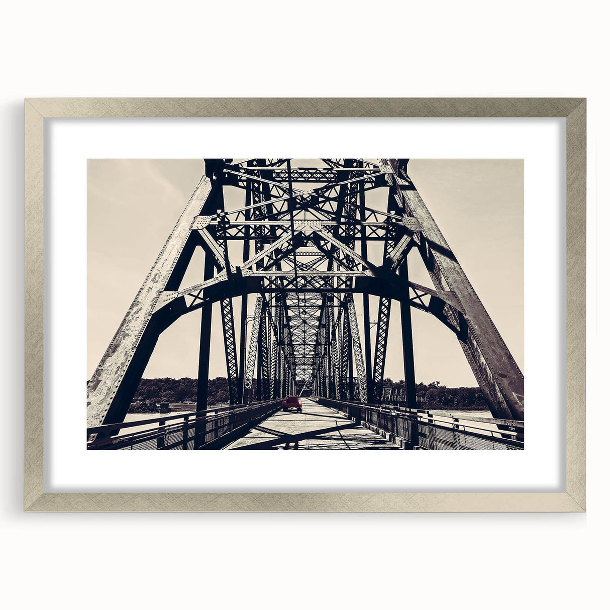 Abstract art print of the St. Louis skyline in muted gray and blue tones, framed in silver, ideal for dining room decor.