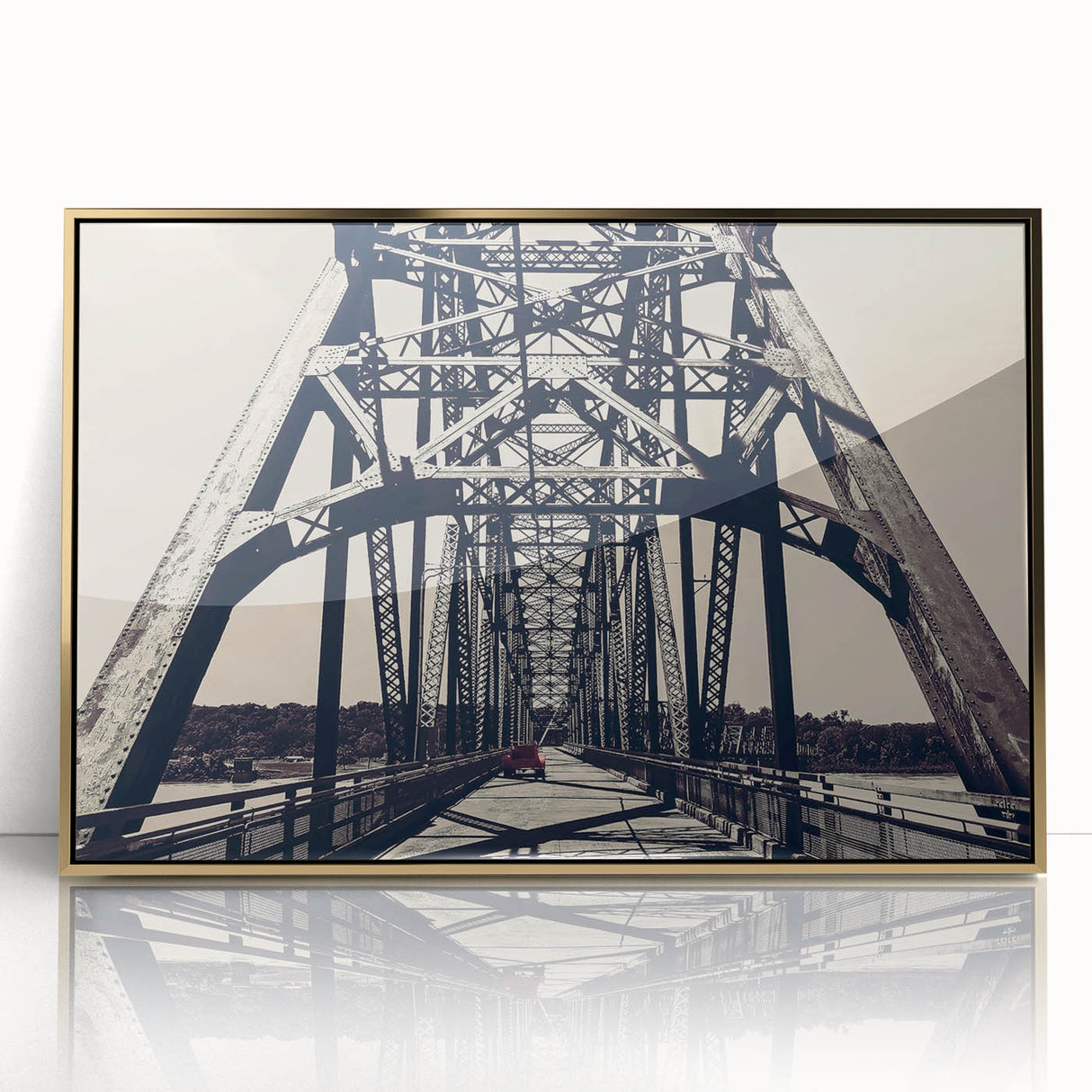 Framed acrylic print of St. Louis skyline in gold and blue tones, ideal for modern art wall decor.