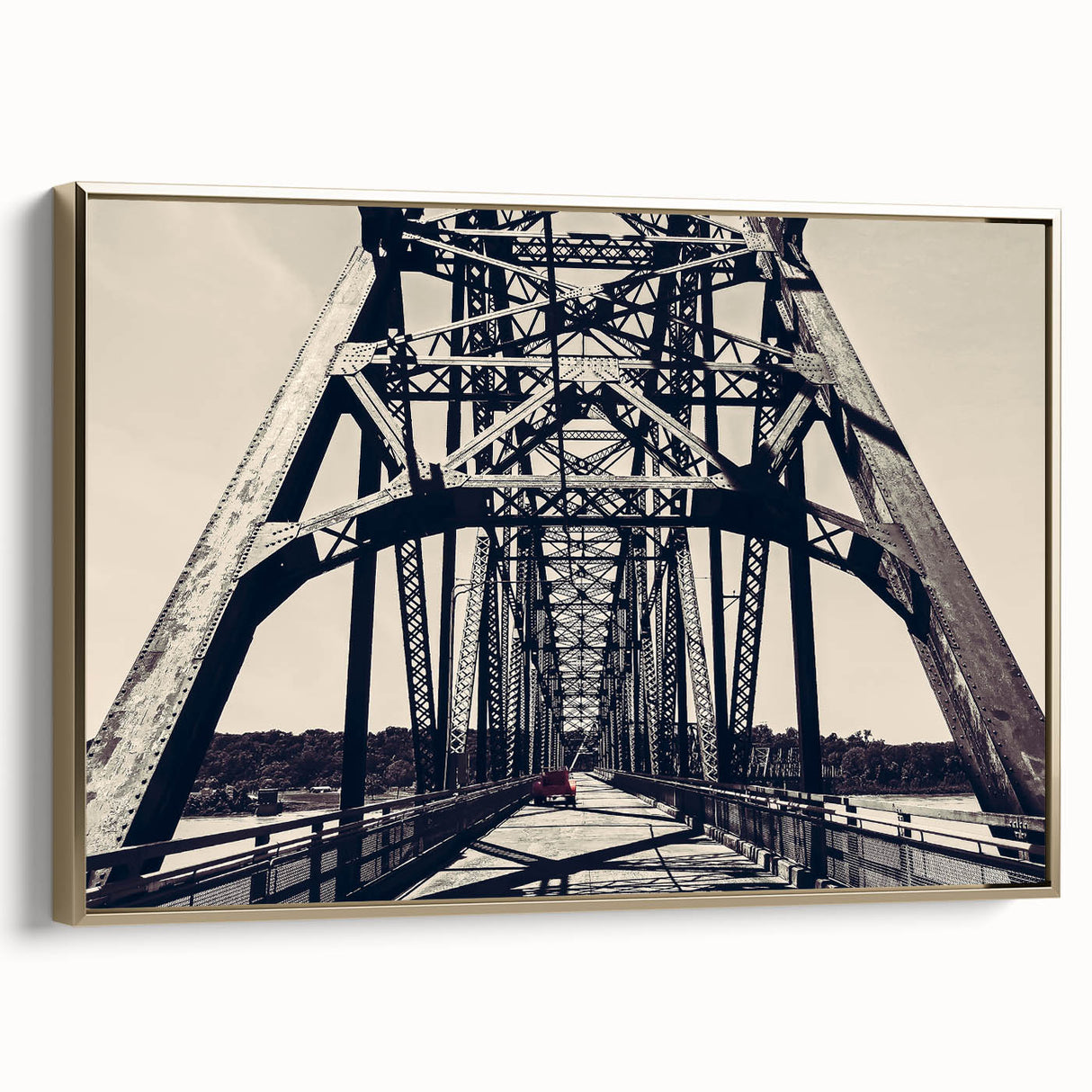 Framed canvas of a vintage-style St. Louis skyline in muted gold and black tones, ideal for bedroom wall art.