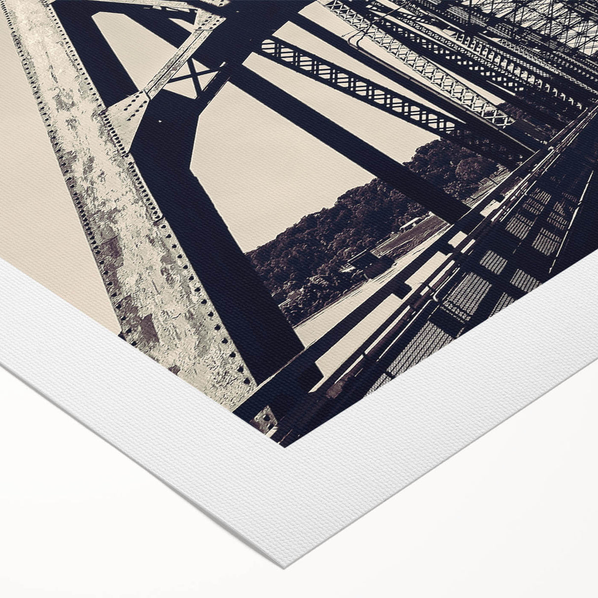 Art deco poster of St. Louis skyline in muted gold and blue tones on rolled canvas, suitable for dining room wall art.