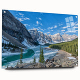 Acrylic print of a serene Montana glacier landscape in muted blue and white tones, ideal for bedroom or dining room decor.