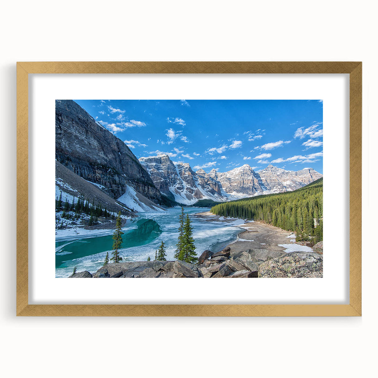 Extra large wall art depicting an abstract textured scene of Glacier National Park in muted earth tones, framed in gold.