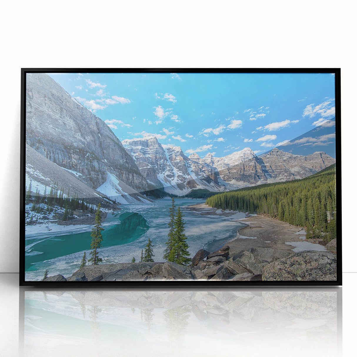 Large abstract wall art of Montana Glacier in muted blue and gray tones on a framed acrylic.