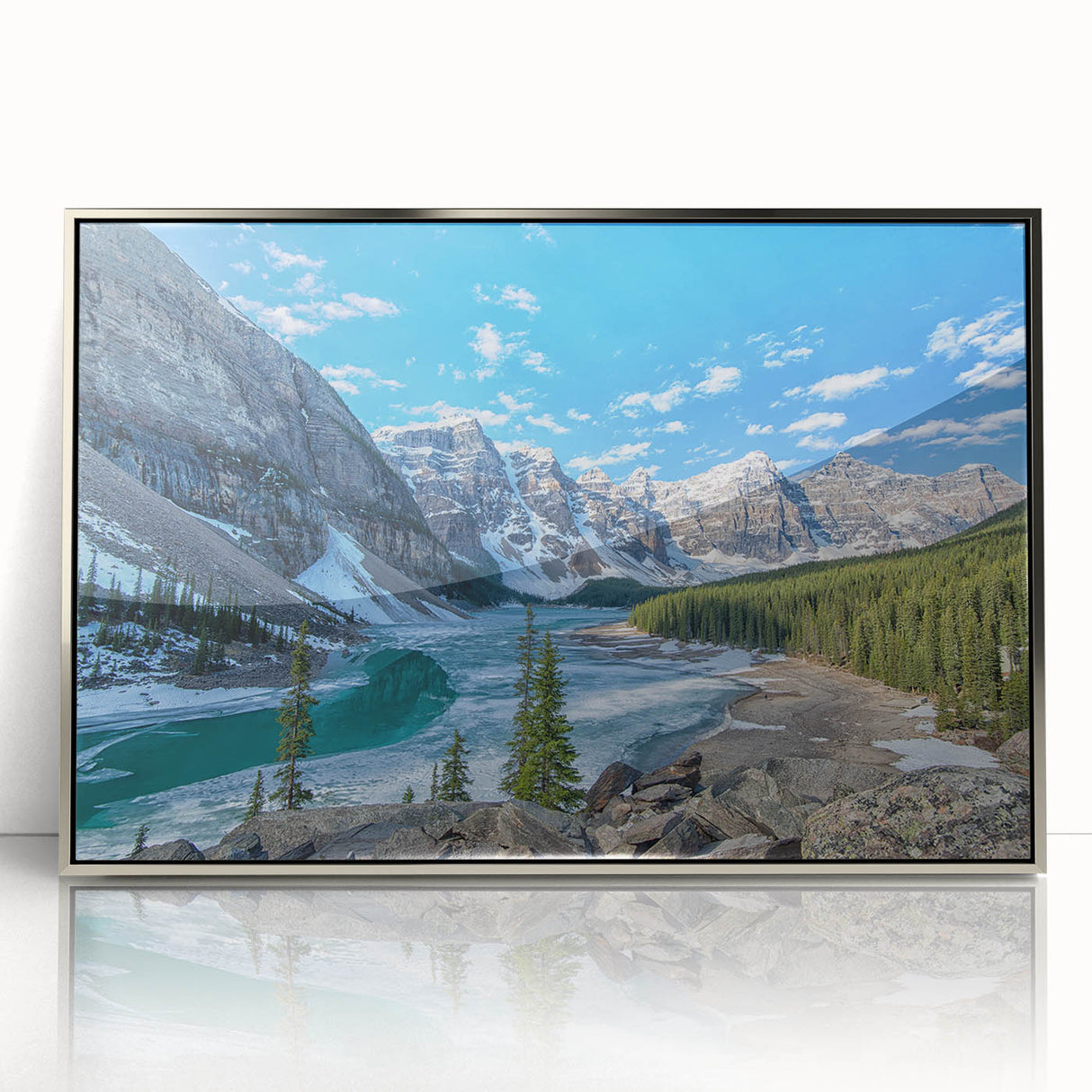 Mid-century modernist art depicting Glacier National Park in acrylic, framed in silver, ideal for nursery wall art.