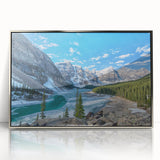 Mid-century modernist art depicting Glacier National Park in acrylic, framed in silver, ideal for nursery wall art.