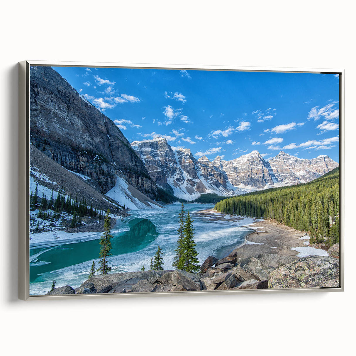 Landscape art painting of Glacier National Park on a framed canvas, featuring vibrant blue and green tones.