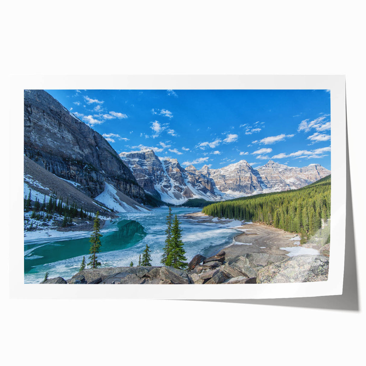 Glacier National Park landscape on a rolled canvas, featuring muted earth tones, ideal for dining room wall art.