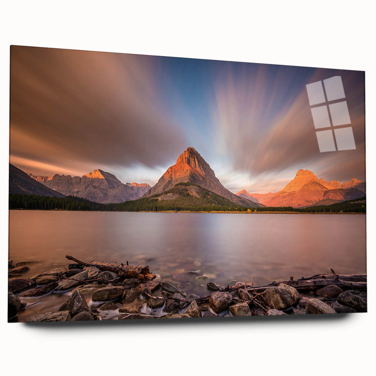 Large abstract wall art of Montana scenery in muted earth tones on acrylic glass, ideal for bedroom or dining room decor.