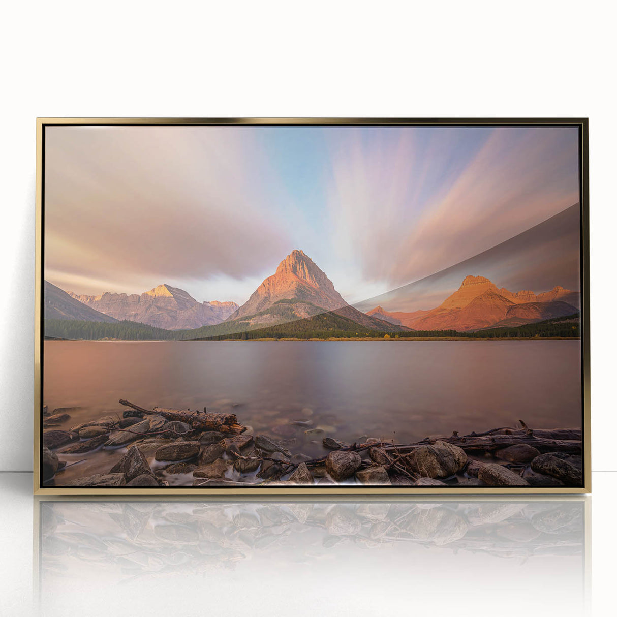 Large art print of a Montana landscape in muted earth tones, framed in acrylic, suitable for modern art wall decor.