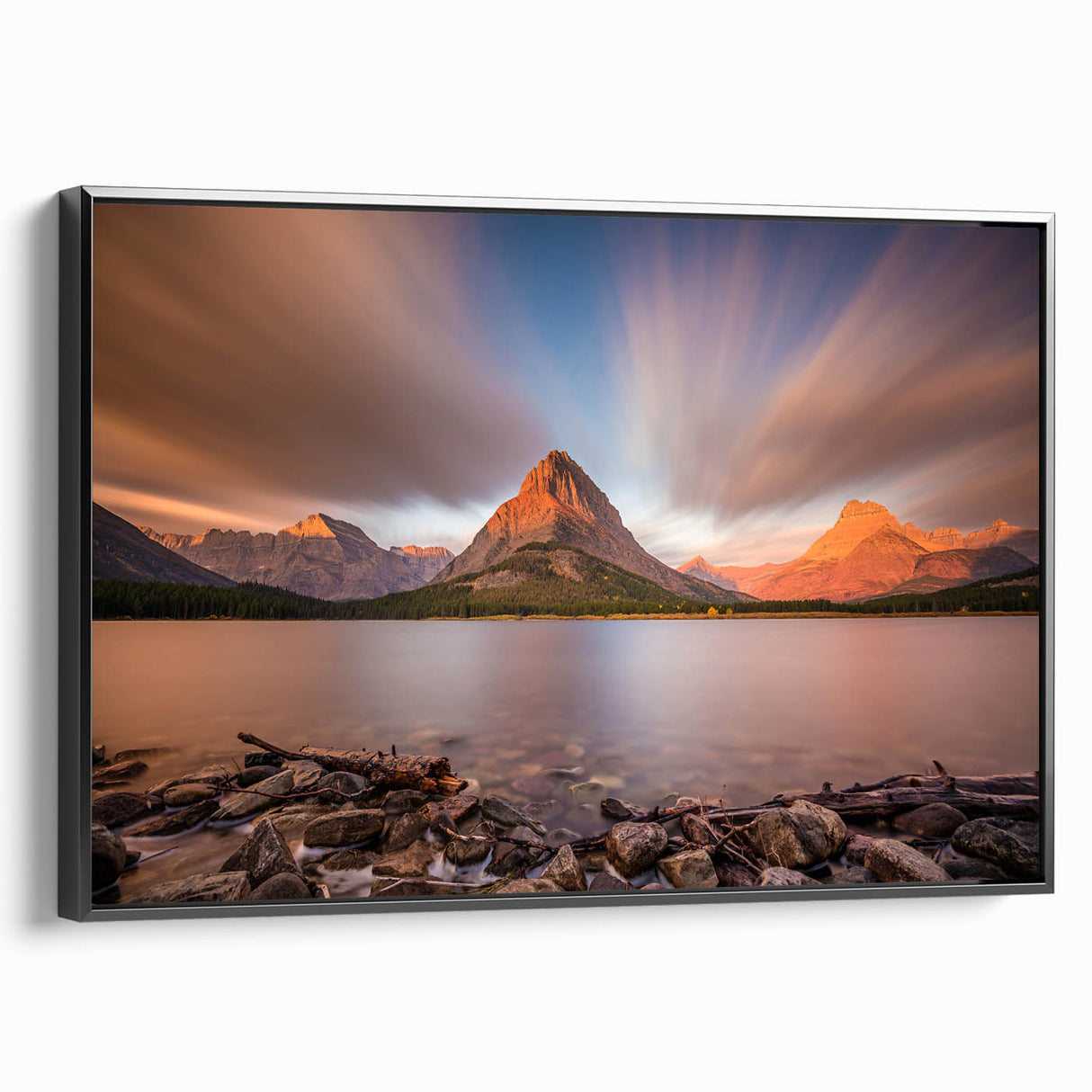 Black and white landscape painting of Montana scenery on a framed canvas, suitable for bedroom decor.