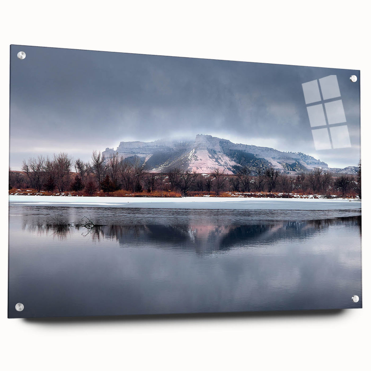 Acrylic print of a large abstract depiction of Nebraska scenery in muted earth tones.