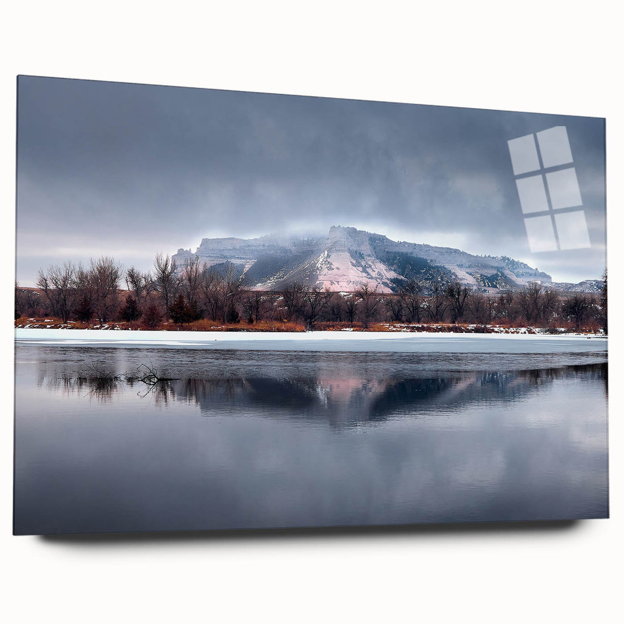 Large abstract wall art depicting Nebraska scenery in muted earth tones, printed on acrylic glass.