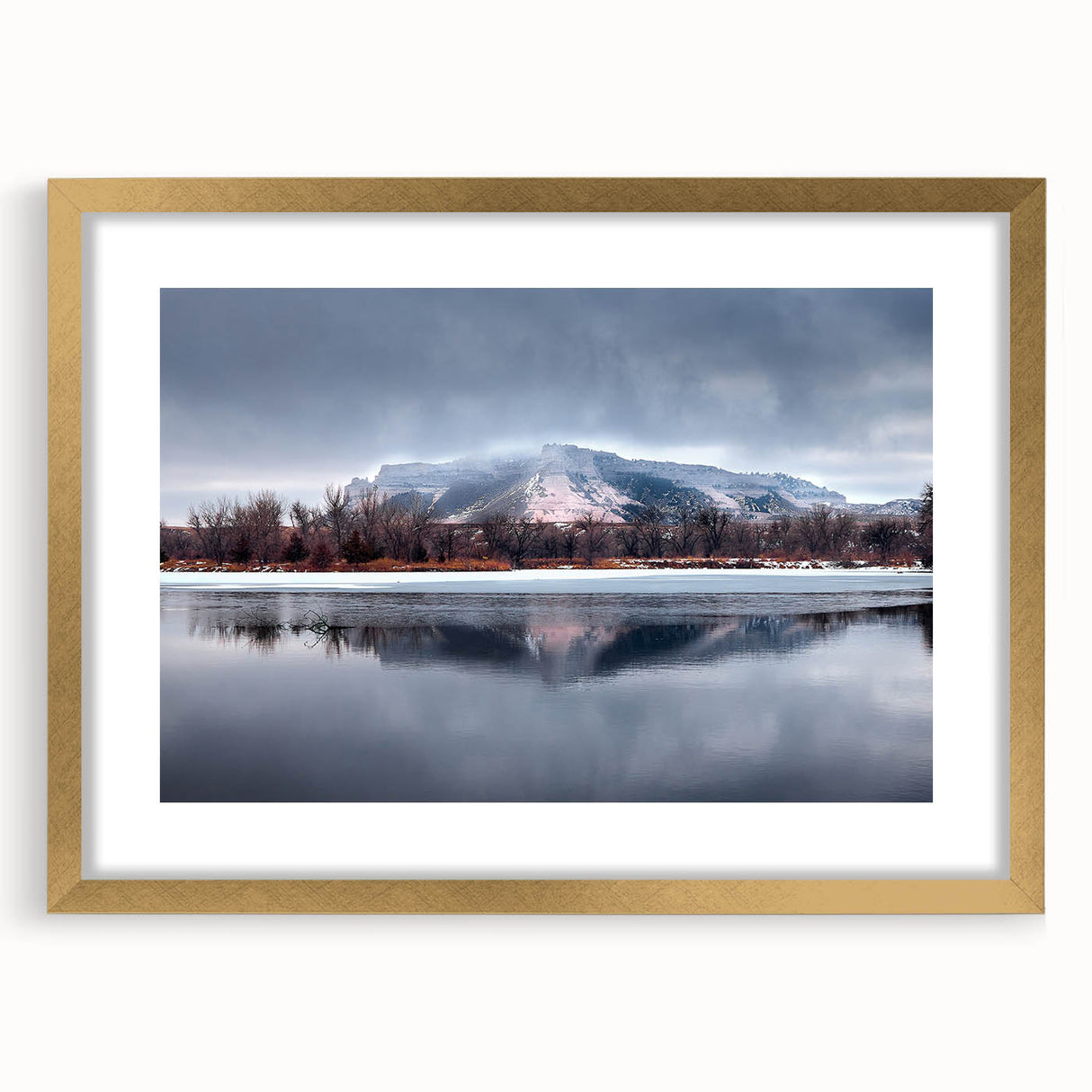 Extra large abstract art print of textured Nebraska scenery in muted earth tones, framed in gold.