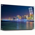 Acrylic print of a large abstract depiction of the New Jersey skyline in muted blue and gray tones.