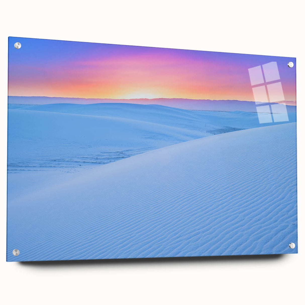 Acrylic glass print of White Sands, New Mexico, with neutral and blue tones, suited for bedroom or dining room decor.