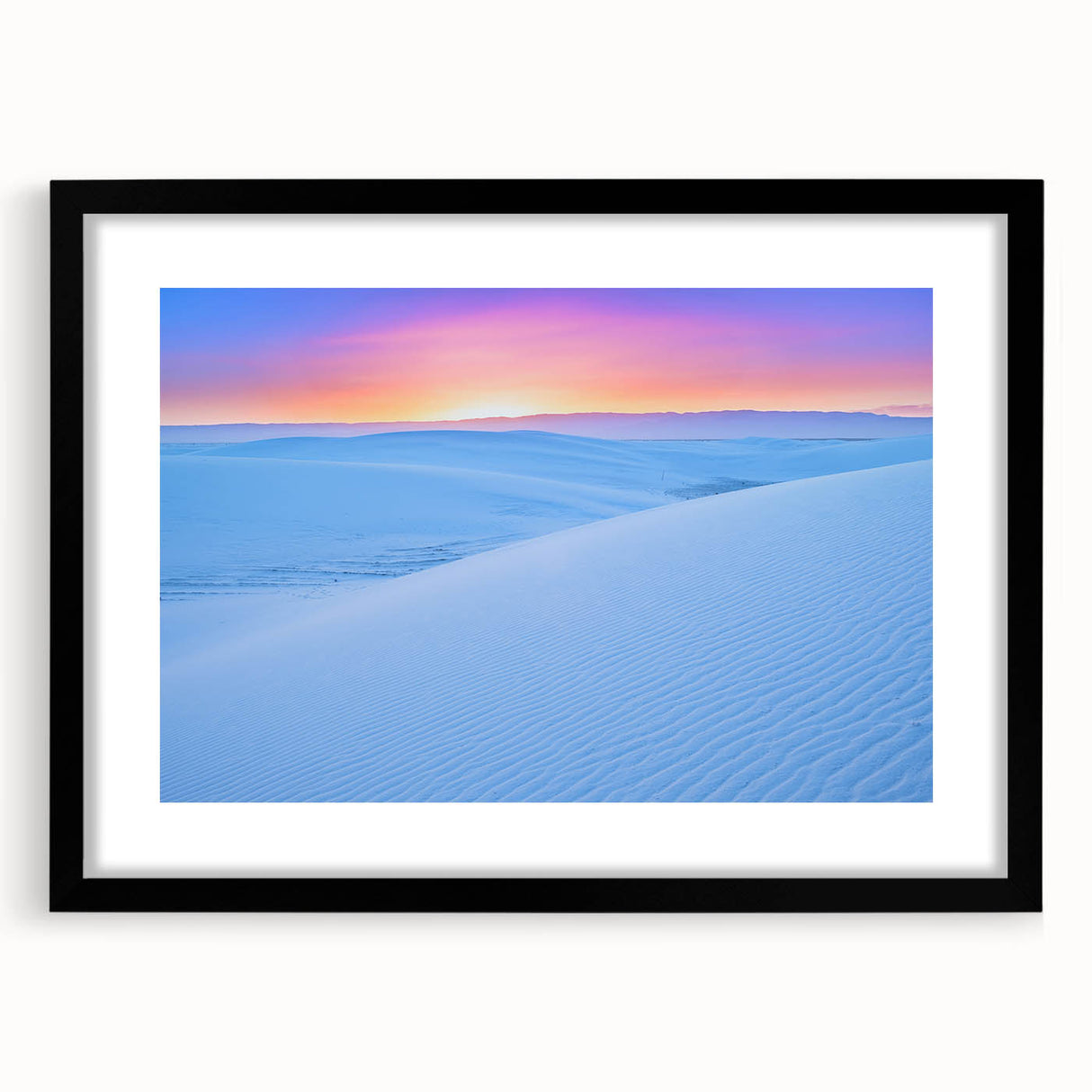 Extra large abstract art print of White Sands, New Mexico, in vibrant blue and orange hues on a textured canvas.