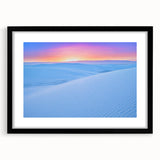 Extra large abstract art print of White Sands, New Mexico, in vibrant blue and orange hues on a textured canvas.