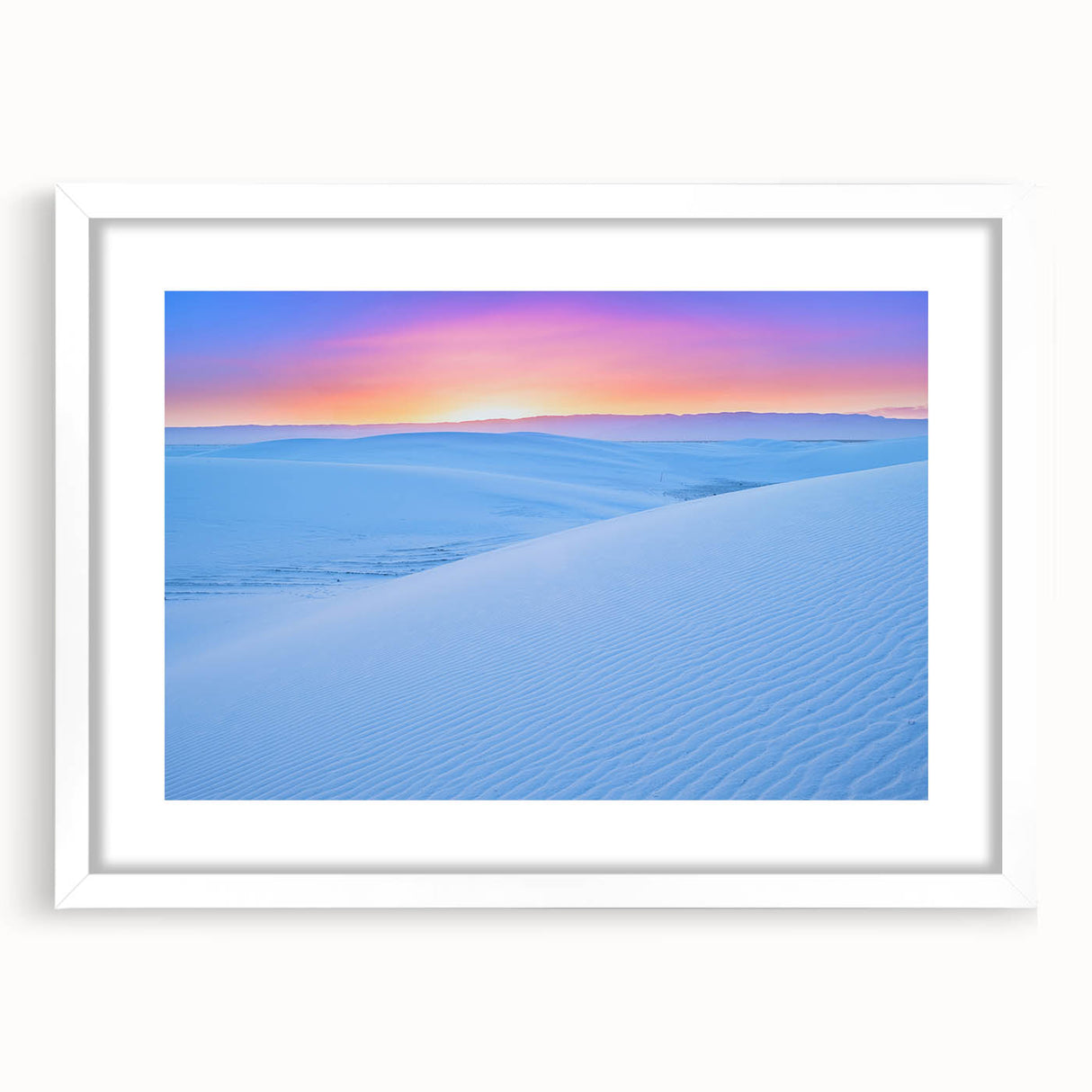Abstract art print of White Sands, New Mexico, in muted beige and white tones on a framed canvas.