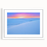 Abstract art print of White Sands, New Mexico, in muted beige and white tones on a framed canvas.