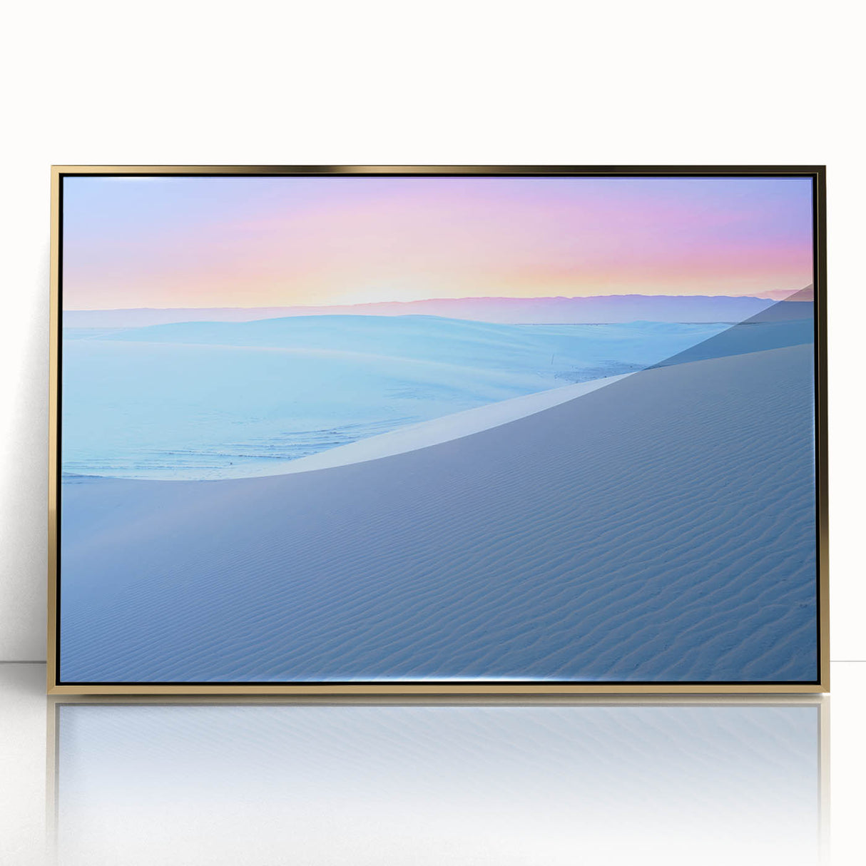 Large art print of White Sands, New Mexico in mid-century modernist style, framed in gold acrylic, suitable for modern decor.