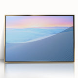 Large art print of White Sands, New Mexico in mid-century modernist style, framed in gold acrylic, suitable for modern decor.
