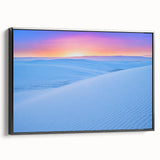 Framed canvas of a black and white New Mexico White Sands landscape, ideal for bedroom wall art.