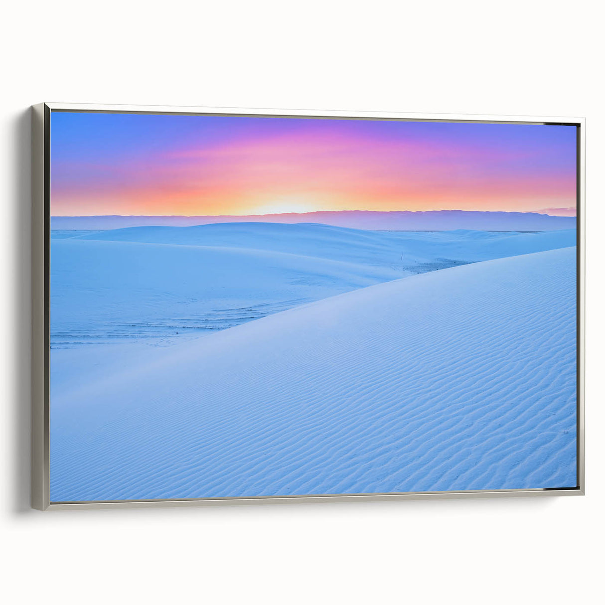 Framed canvas depicting the White Sands landscape in New Mexico, featuring a muted color palette.
