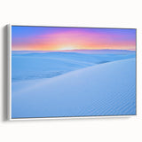 Vintage poster art of White Sands, New Mexico on a framed canvas, featuring a monochrome palette.