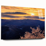 Blue Ridge mountain range depicted in muted blues and greens on a large acrylic print.