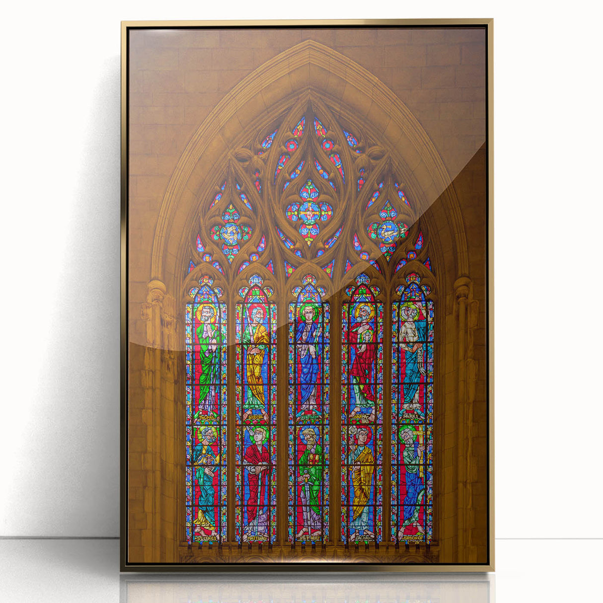 Large art print of Durham, North Carolina skyline in muted gold tones on framed acrylic, suitable as modern art wall decor.