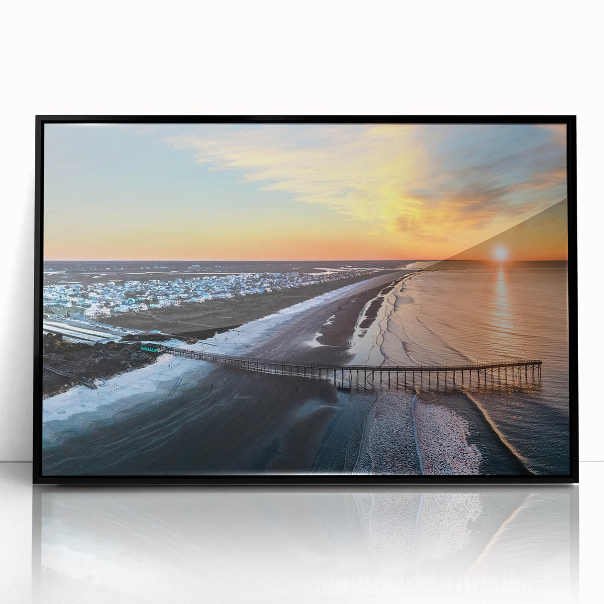 Large abstract wall art of the Outer Banks, North Carolina, depicted in muted blue and gray tones on a framed acrylic print.