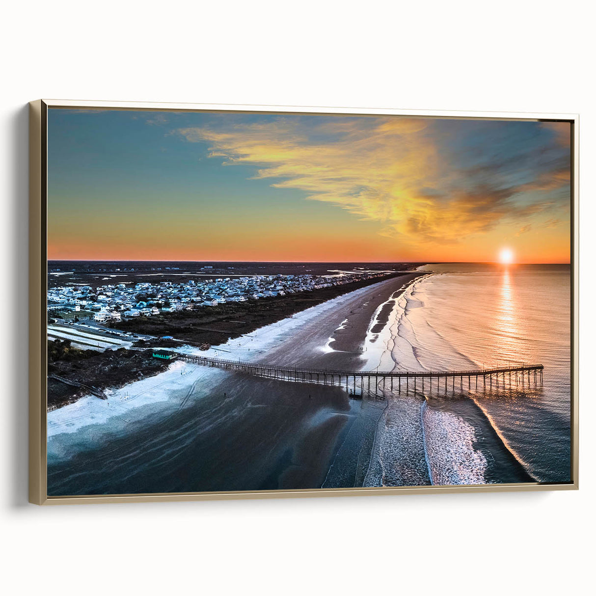 Framed canvas wall art depicting a vintage-style landscape of the Outer Banks, North Carolina, in muted earth tones.