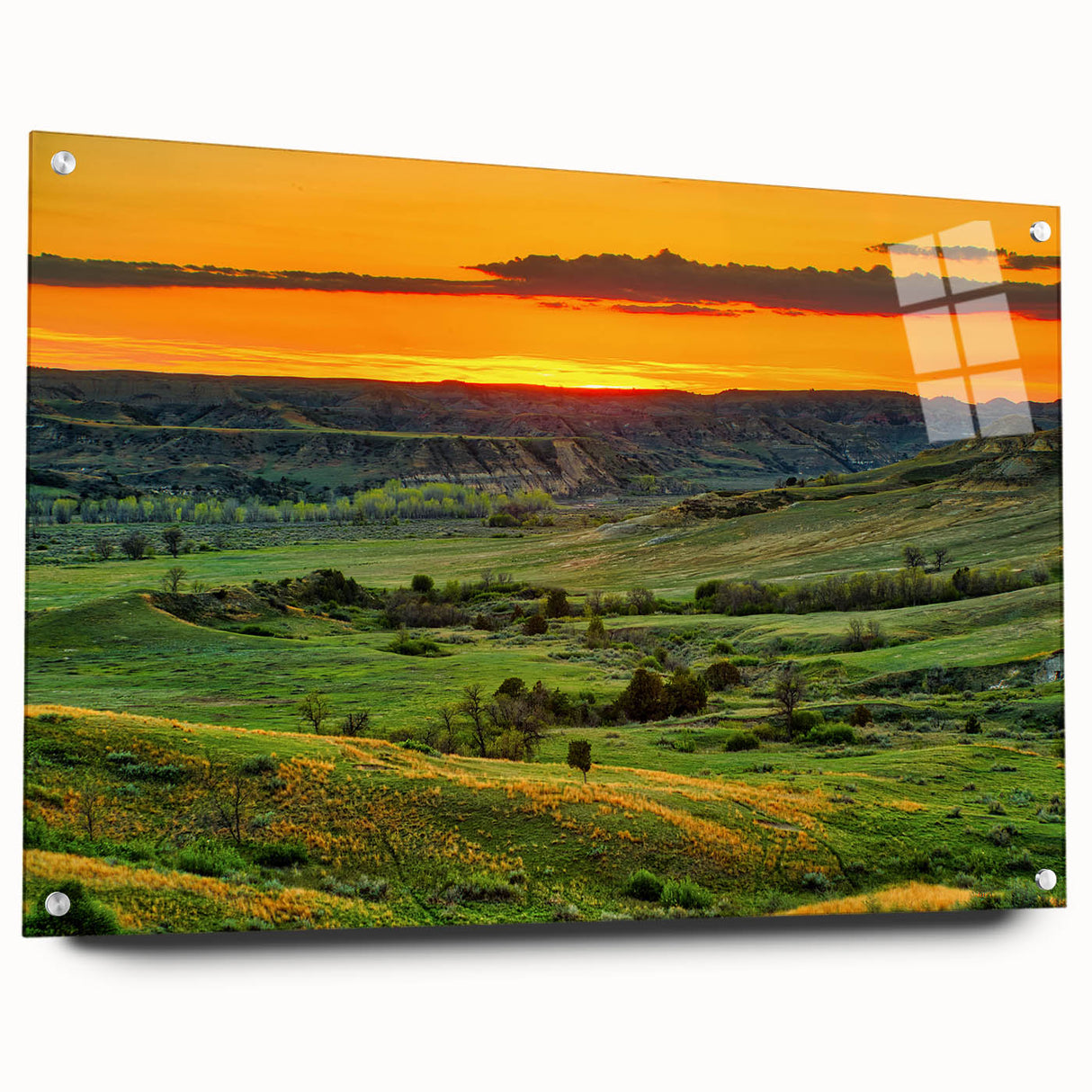 Acrylic print of North Dakota scenery in muted earth tones, ideal for dining room decor.