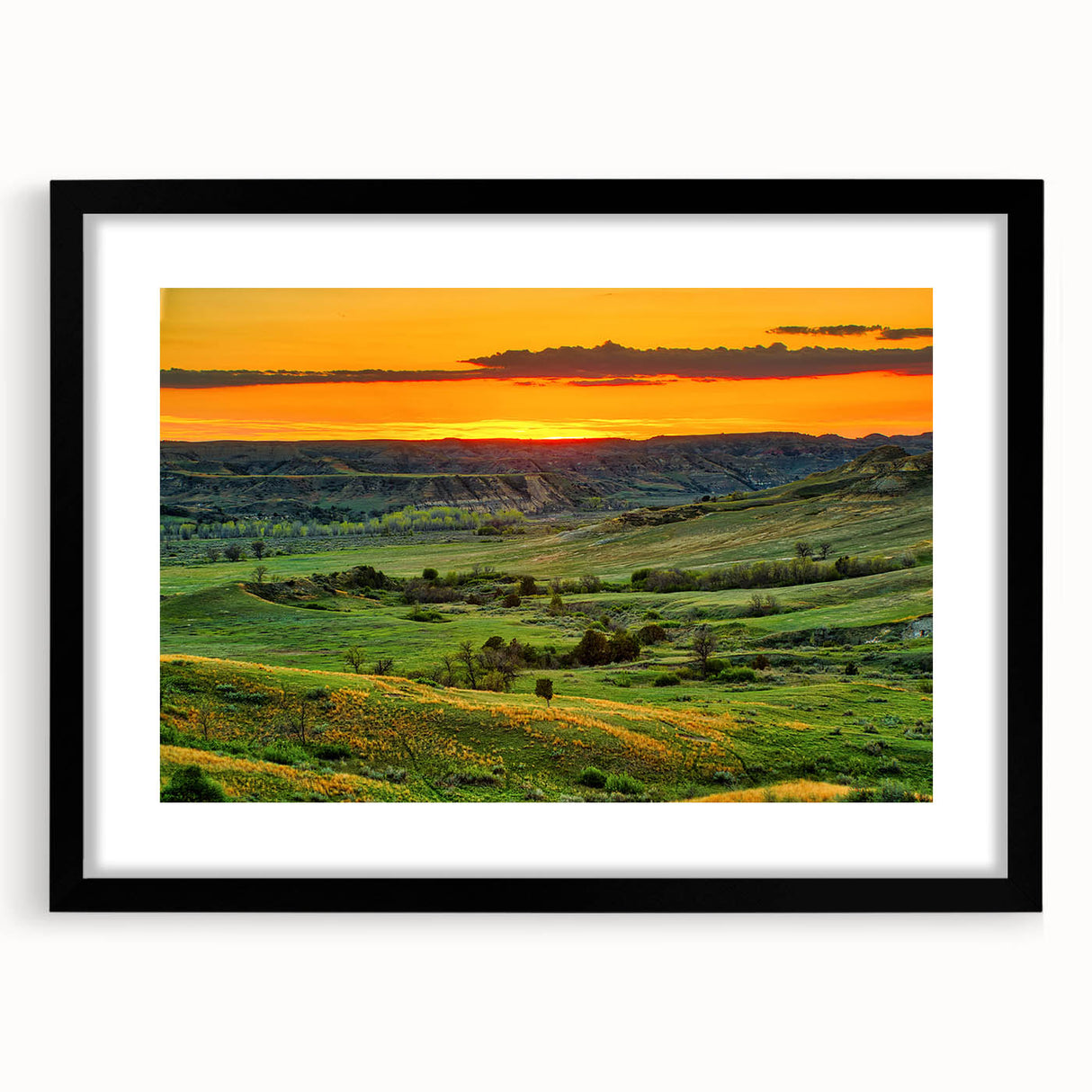 Abstract art print of North Dakota scenery in vibrant colors on textured canvas, ideal for living room decor.