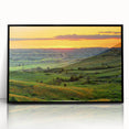 Large abstract wall art depicting North Dakota scenery in mid-century modernist style, framed in black acrylic.