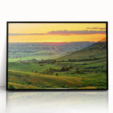 Large abstract wall art depicting North Dakota scenery in mid-century modernist style, framed in black acrylic.