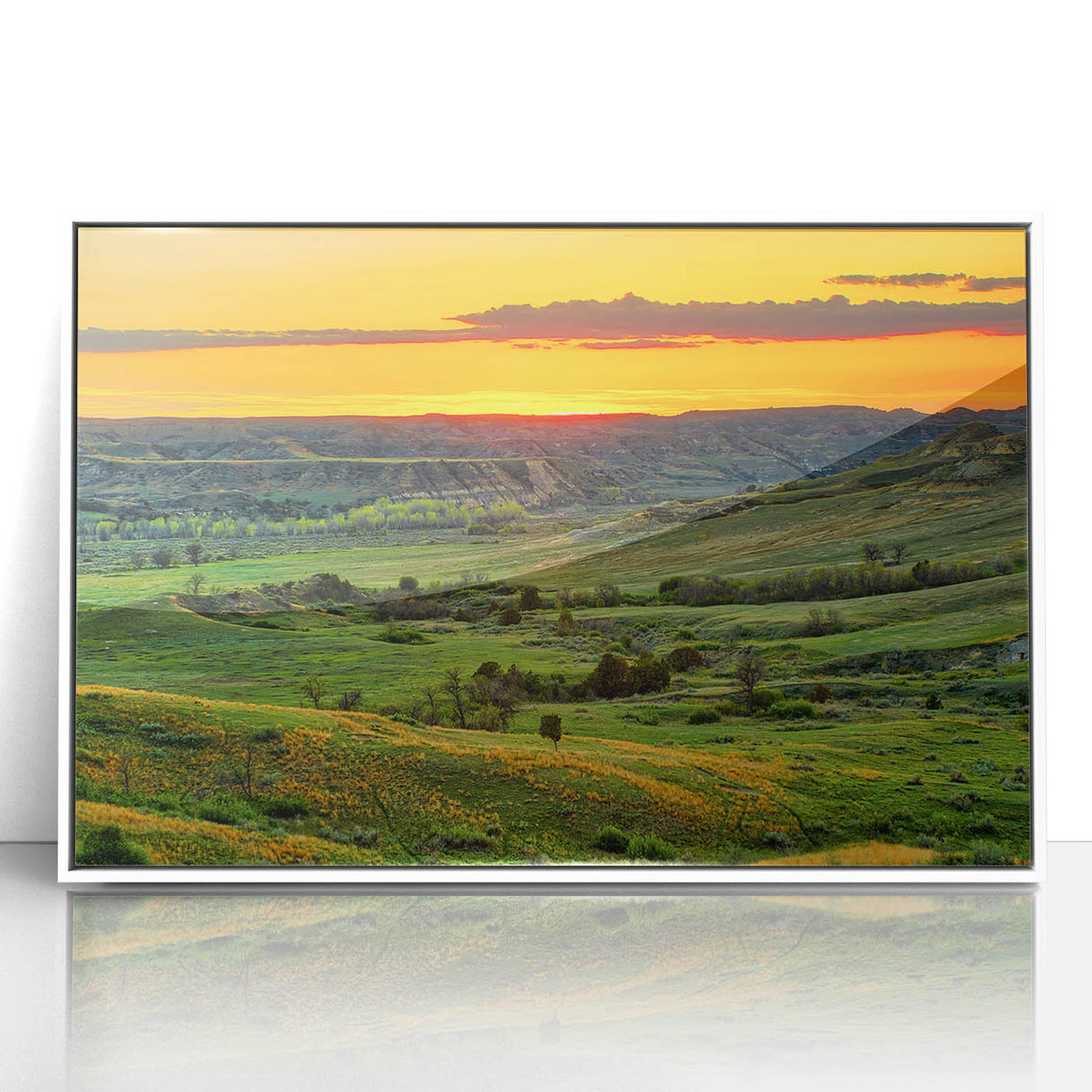 Acrylic print of a North Dakota landscape in art deco style, featuring muted earth tones, ideal for nursery wall decor.