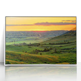Acrylic print of a North Dakota landscape in art deco style, featuring muted earth tones, ideal for nursery wall decor.