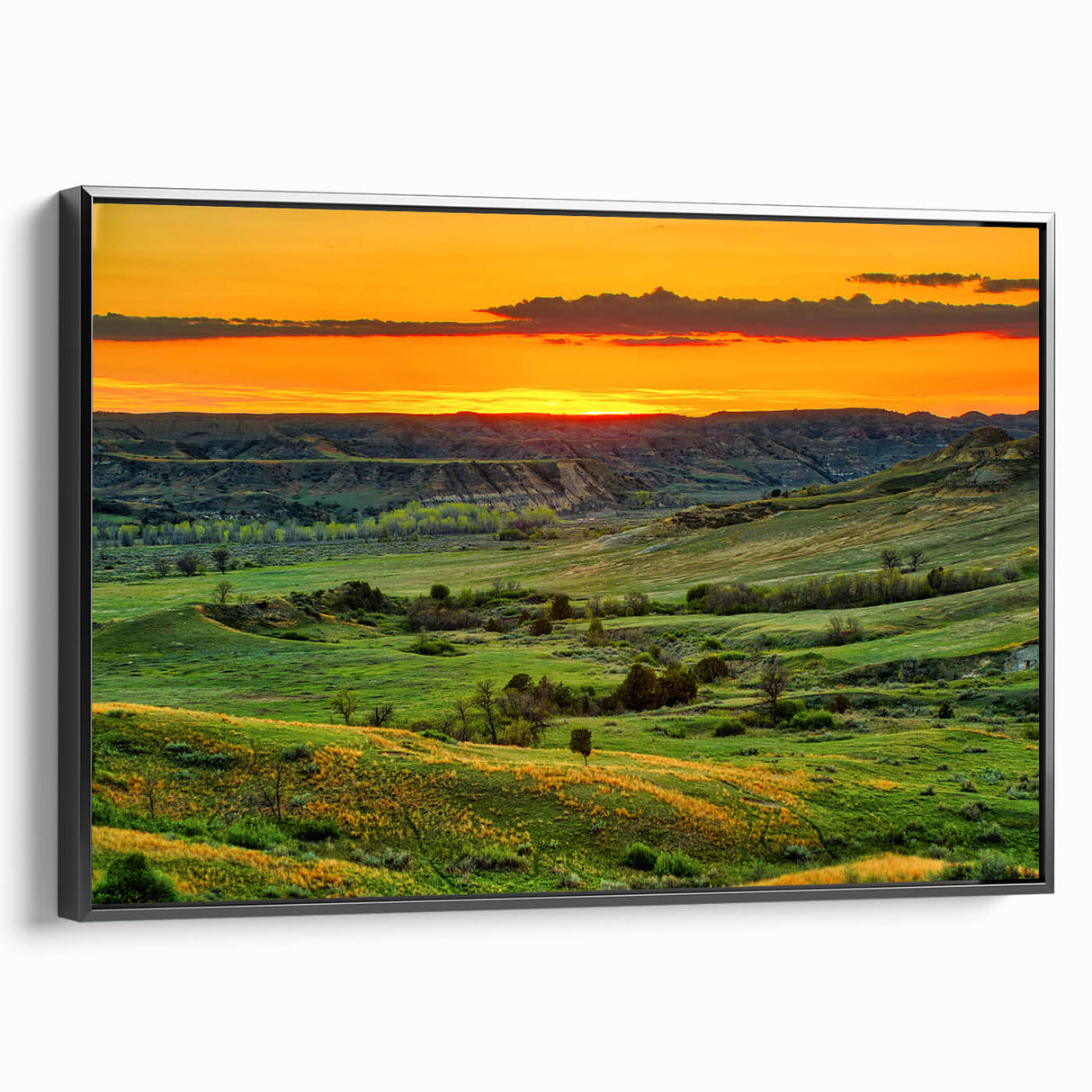 Black and white framed canvas of North Dakota landscape, ideal for bedroom wall decor.
