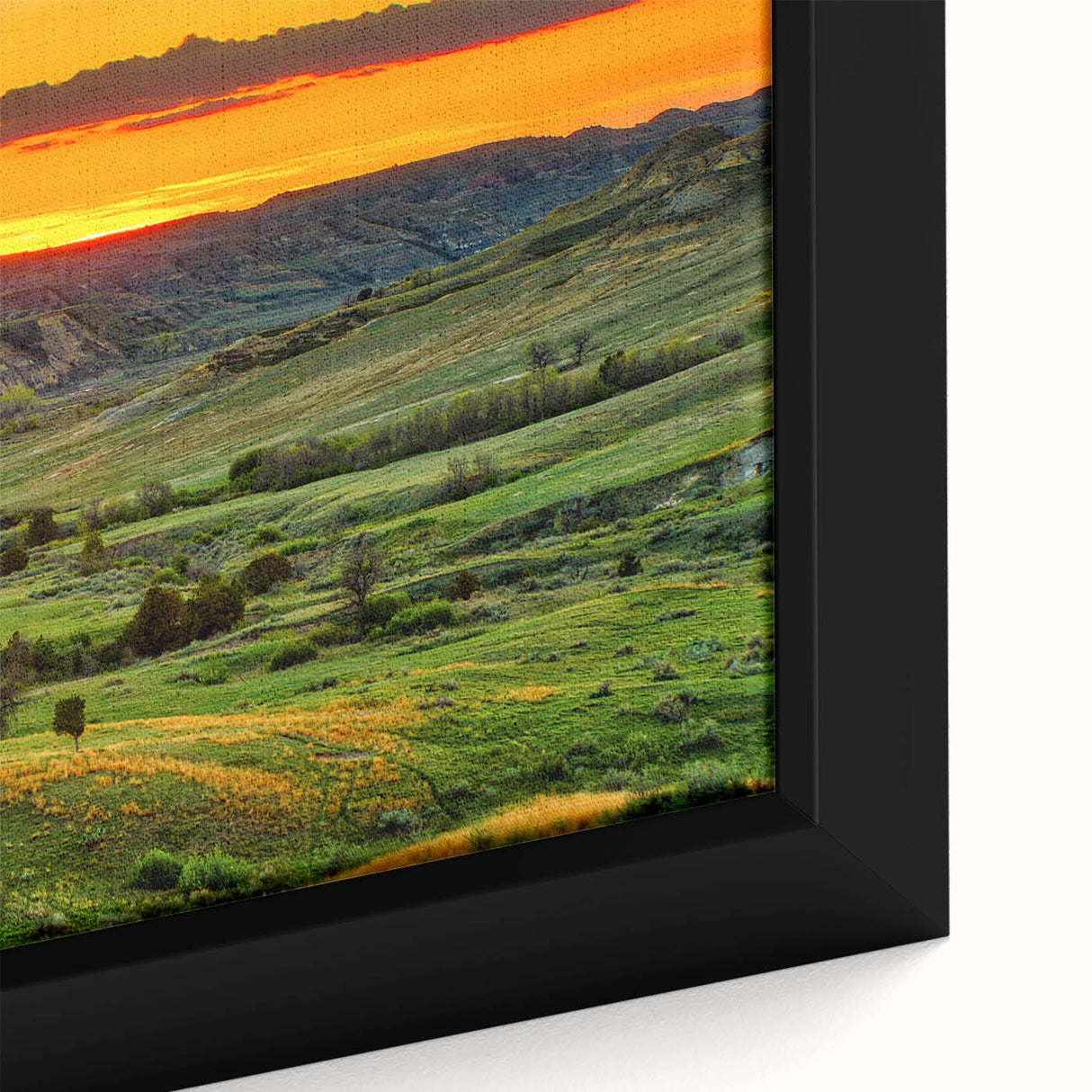 Textured black wall art depicting a North Dakota landscape in vibrant colors on a framed canvas.