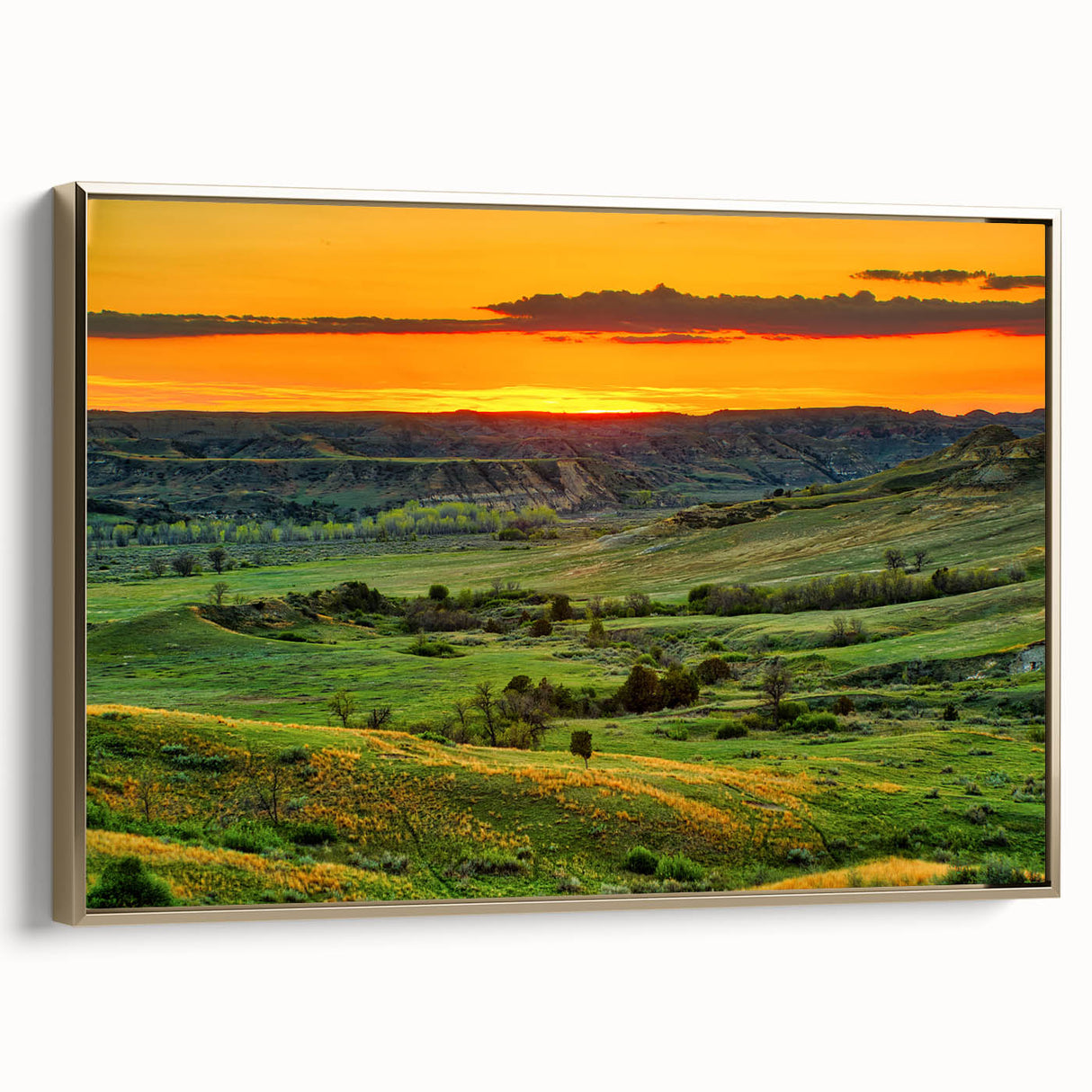 Framed canvas depicting a vintage-style North Dakota landscape in muted earth tones, ideal for bedroom wall art.