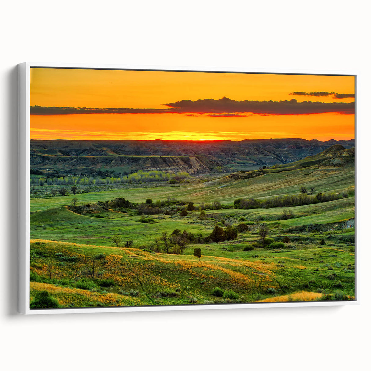 Vintage poster art of North Dakota scenery in colorful hues on extra large framed canvas, ideal for living room decor.