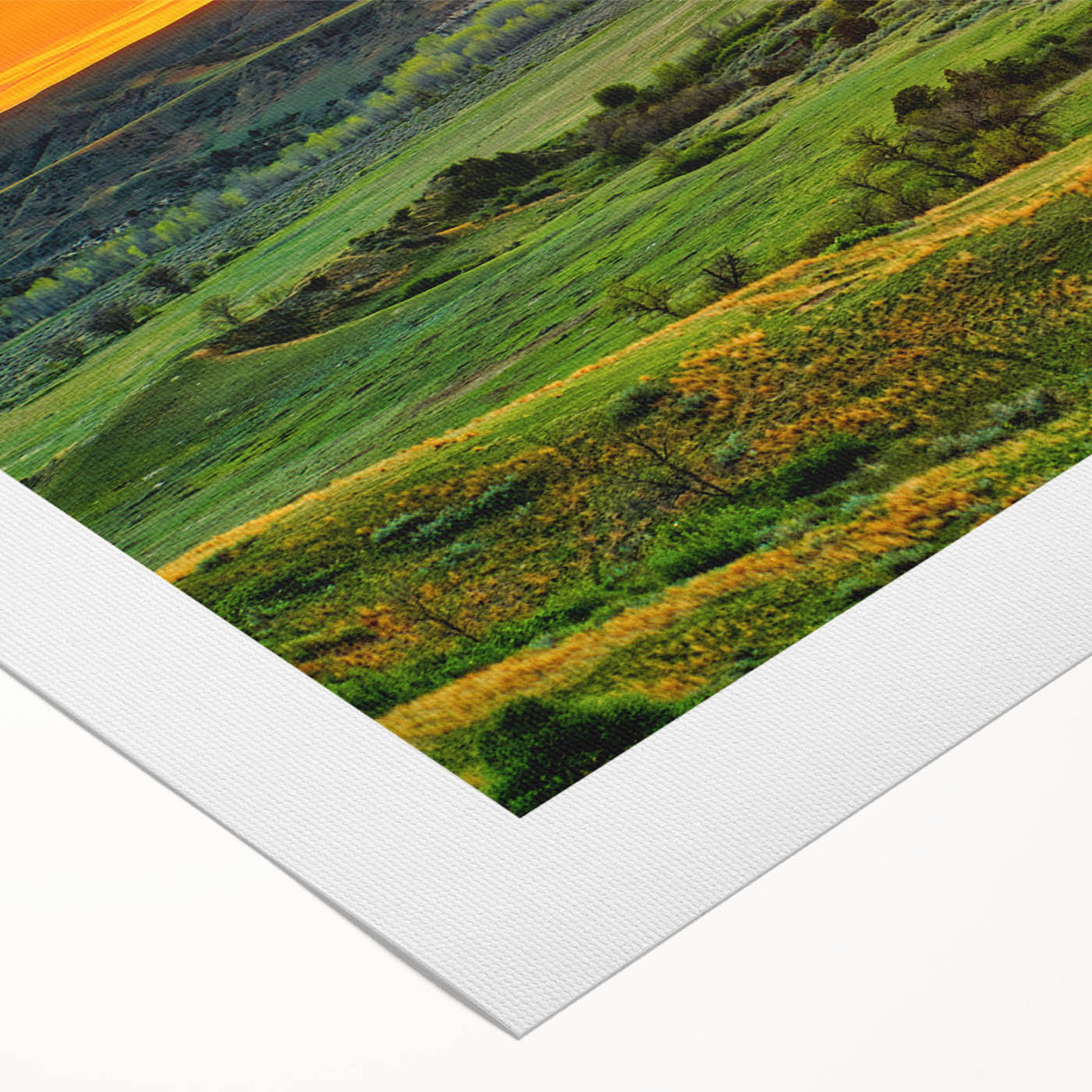 Art deco poster of North Dakota scenery in muted earth tones on rolled canvas, suitable for dining room decor.