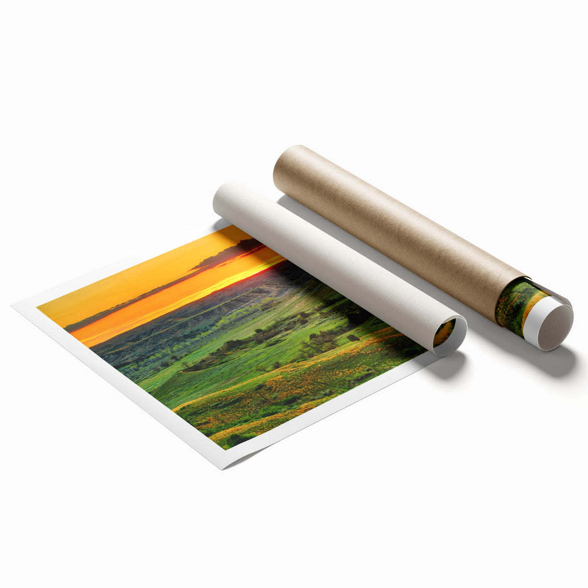 Rolled print of a North Dakota landscape with soft floral elements in muted earth tones.