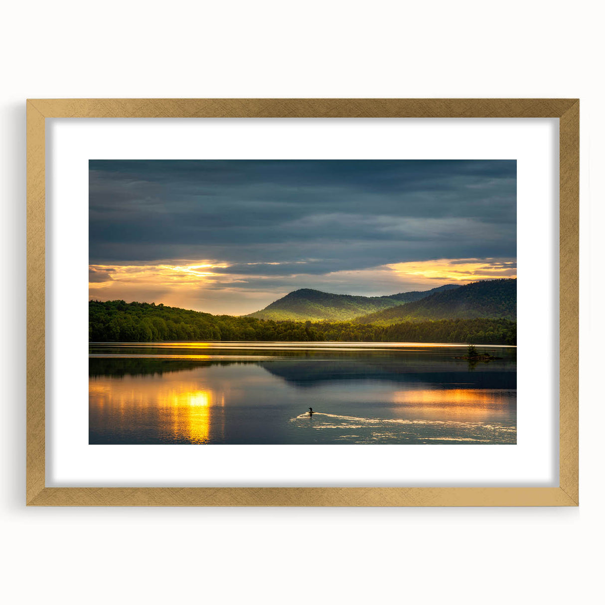 Extra large abstract art print of Adirondacks scenery in textured style with gold frame, suitable for living room decor.
