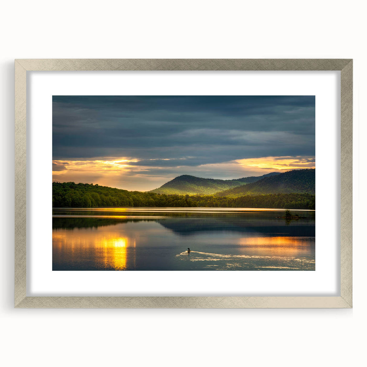 Textured abstract art print of Adirondack scenery in silver frame, with cool gray and blue tones, ideal for bedroom art.